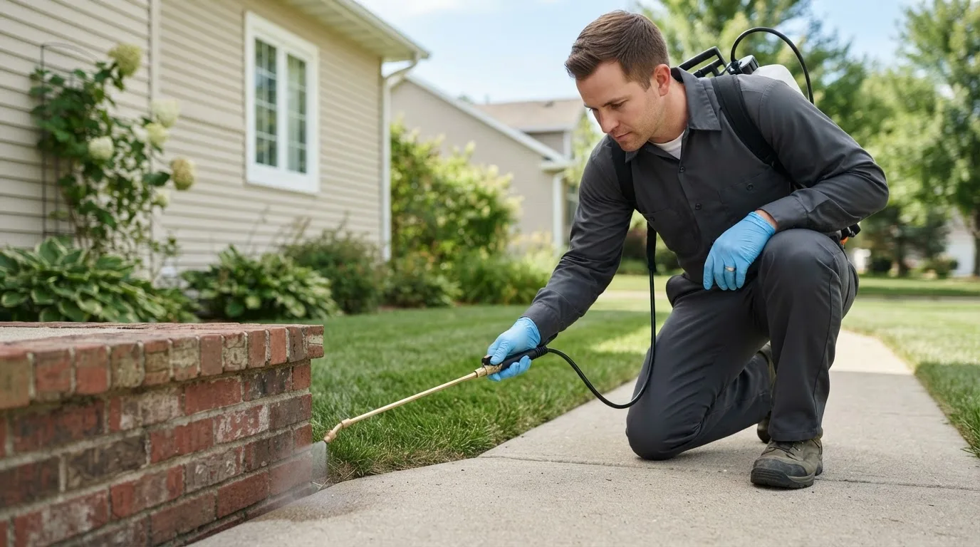 Pest control technician treating a home near Bensenville, IL